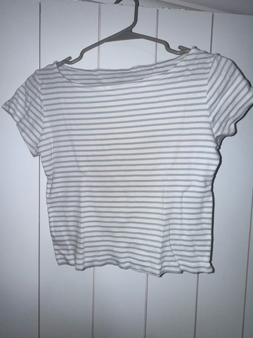 Brandy Melville White and Light Blue Striped Boatneck Tee